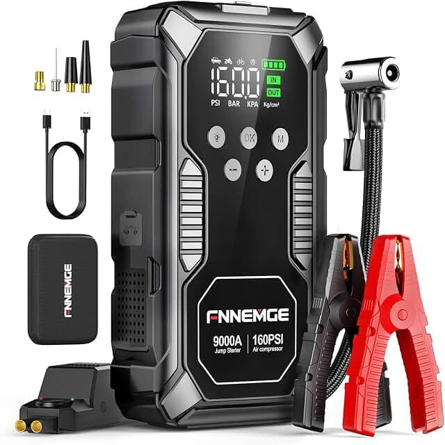 عرض حصري على FNNEMGE 9000A Jump Starter with Air Compressor, 26800mAh Car Battery Jumper Starter Portable 12V(for All Gas/12.0L Diesel), 160PSI Tire Inflator, with USB Output, Large LCD Display and LED Lights. - عروض أمازون السعودية