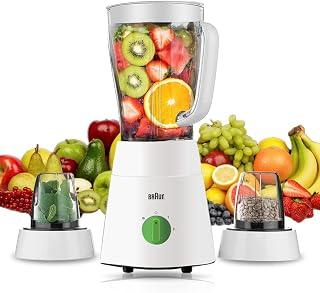 Braun 3-in-1 Jug Blender With 4 Blades Sytem, 500 Watts, 1.75L Maximum, 1.5L Working Capacity, With Chopper attachement, Grinder attachement, JB0123WH - International Warranty - Amazon Egypt Deals