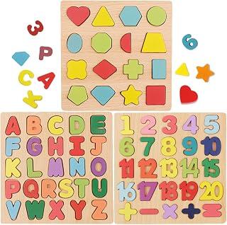 Wooden Puzzles for Toddlers, Wooden Alphabet Number Shape Puzzle ABC Learning for Toddlers 1-3 Years Old, 3 in 1 Early Education Letter Puzzle for Kids Boys Girls Ages 2-4