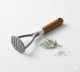 Potato Masher with Wooden Handle, Non-Stick Safe Kitchen Tool for Smooth Vegetables Guacamole Puree, Ergonomic Grip, Black