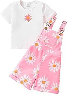 عرض حصري على Girls Sunflower Crewneck Ribbed T-Shirt + Sunflower Print Overalls Shorts Cute Summer Clothing Outfit for 4-8 Years - عروض أمازون السعودية