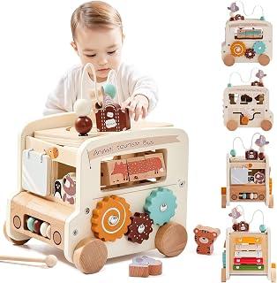 Wooden Activity Cube, 8-in-1 Montessori Toys with Animal Tourism Bus Theme, Multifunctional Early Educational Learning Toys Montessori Toys for Boys Girl oddlers Kids Birthday Gift (Beige)