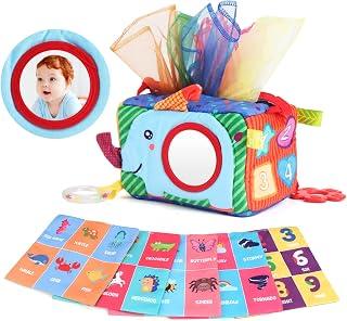 My First Tissue Box with Tummy Time Mirror, Soft Stuffed Montessori Toy Baby Infants Newborns Kids Educational Preschool Learning 3-6-9-12 Months Development STEM Gift