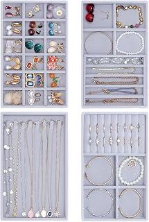 LISRUGEN Jewelry Drawer Organizer, Jewelry Organizers for Drawer Inserts Velvet Stackable Jewelry Tray Organizers Earring Necklace Organizer Trays and Storage for Women, Grey