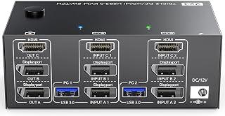 ​KVM Switch 3 Monitors 2 Computers 8K@60Hz 4K@144Hz, HDMI+2 Displayport KVM Switch Triple Monitor for 2 Computer Share 3 Monitor and 4 USB3.0 Port Keyboard Mouse,Wired Remote and 5 Cables Included