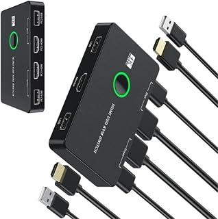 مفتاح كيه في ام من ازوني، 1 شاشة و2 كمبيوتر، مفاتيح كيه في ام HDMI لجهازي كمبيوتر مشاركة شاشة واحدة، يدعم 4K @60 هرتز، 2 كيبل HDMI و2 كيبل USB متضمن