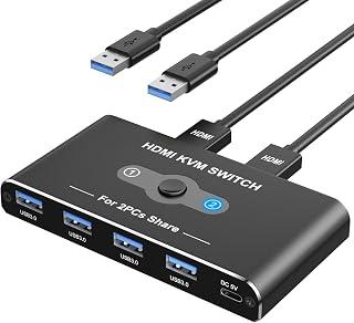 صندوق محول كيه في ام HDMI بمنفذين، USB 3.0 ومحول HDMI 4K@60Hz لجهازي كمبيوتر مشاركة شاشة واحدة، 4 اجهزة USB 3.0 لكمبيوترين مشاركة الشاشة والكيبورد والماوس والاقراص الصلبة والطابعة