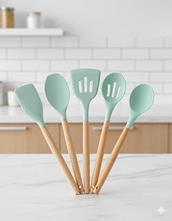 Silicone and Wood Kitchen Utensil Set – 5-Piece Non-Stick, Scratch-Resistant, Heat-Resistant Cooking Tools – Multicolor