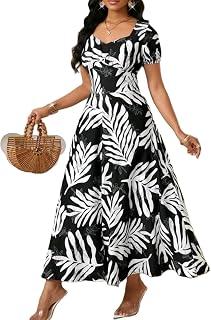 Women's Boho Dress Round Neck Short Sleeve Tropical Leaf Print Maxi Dress