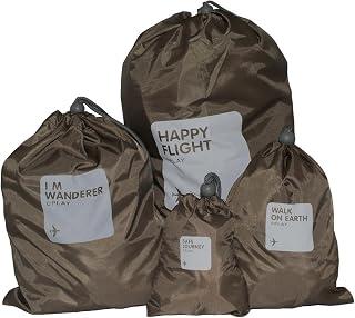 Water-resistant nylon drawstring bags, ideal for home storage and travel, available in four different sizes, olive green color, 4-piece set