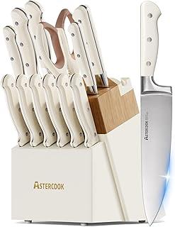 Knife Set,Astercook Kitchen Knife Set with Block 14-Piece Full Tang Stainless Steel Knives with Sharpener Dishwasher Safe and Anti-Slip Ergonomic Handle Elegant Cream White Utensils Set
