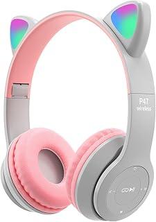 Cat headphone P47M Wireless Bluetooth Headphone RGB LED Over Ear Stereo Music Headset with Memory Card Support,Gaming Headphones with Built-in Microphone for Laptop,Mobile Phone,Kids,Girls,PC (Gray)