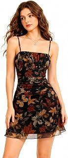 Women's Floral Print Mini Dress Ruched Mesh Spaghetti Strap, Square Neck, Party (Code 5513)