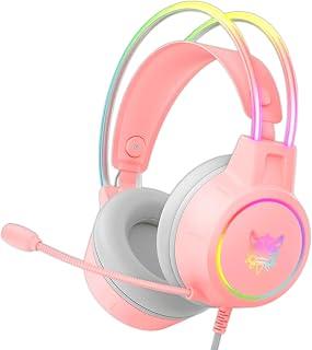 Onikoma Wired Gaming Headset with RGB Light, Headphones Over Ear, Circle Earpiece, 3.5Mm Jack, Volume Control, Compatible with PS5, PS4, Laptops, Smartphone, Mac Nintendo Switch Games (X15 Pro, Pink)