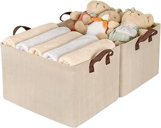TOPIA HOME Modern Beige Large Rectangular Collapsible Storage Baskets, 2-Pack with Metal Frame, for Home, Office, Closet, Shelves