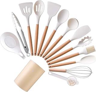 ALMEKAQUZ 14-Piece Silicone Cooking Utensils Set, Heat Resistant to 230°C, Dishwasher Safe for Nonstick Cookware, Wooden Handle Kitchen Tools for Cooking (White)