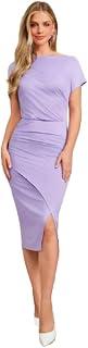 Women's Solid Color Crisscross Wrap Ruched Elegant Mid-Calf Short Sleeve Dress Modest Dresses