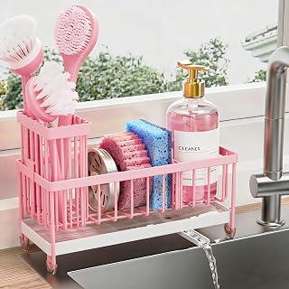 Cisily Pink Sponge Holder for Kitchen Sink Sink Organizer with Tall Brush Holder Kitchen Countertop 304 Stainless Steel Soap Dispenser Organizers