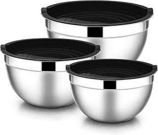 E-far Mixing Bowls with Lids, 6-Piece Stainless Steel Salad Bowl Metal Nesting Bowls for Baking Cooking and Prepping, Airtight Lids &amp; Stackable Design, Size 4.5, 3, 1.5 QT (Black)