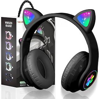 OHAANYY Wireless Bluetooth Headphones for Children, Foldable Girls Headphones Over Ear, LED Cute Cat Ears, Foldable, Bluetooth 5.0 Headphones for Tablet/Mobile Phone/PC (Black2)