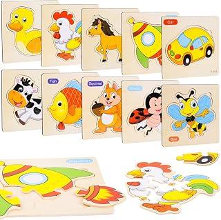 Wooden Puzzle Children, Pack of 10 Wooden Puzzle from 1 2 3 Years, Montessori Wooden Toy Puzzle, Educational Toy, Wooden Puzzle, Gift for 1 2 3 Year Old Boys and Girls