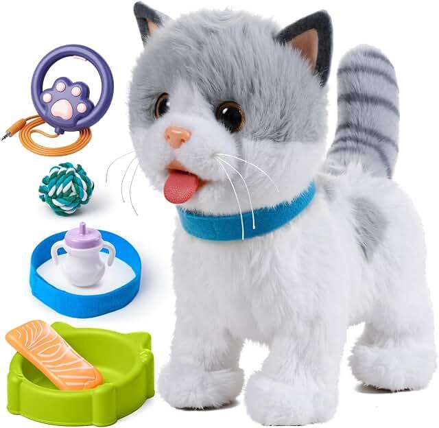 OR OR TU Walking Kitten Toys for Kids Toy, Plush Cat Walk on a Lead, Electronic Pets Cat Licking Kitten, Realistic Interactive Toys Cat for Kids 3 4 5 6 7+ Years Old Girls Boys Gift