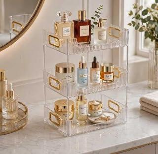 3-Tier Clear Acrylic Makeup Organizer with Gold Handles, Large Capacity Perfume Cosmetic Holder for Bathroom Bedroom Dresser Multifunctional Storage Rack Non-Slip 45x35x23cm