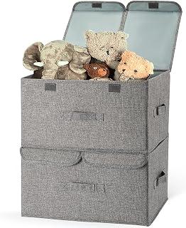 Storage Bins with Lids, 2 Pack Fabric Storage Box with Handles, Large Foldable Basket Organizer with Divider, for Clothes Books Home Bedroom Closet, Gray (17.4x11.1x9.4")