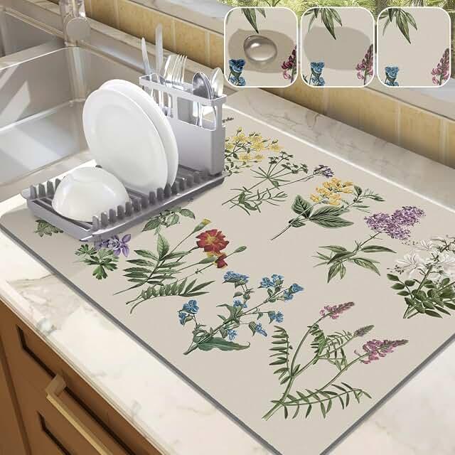 Dish Drying Mat for Kitchen Counter, 40x60 CM Dish Drying Pad with Non-slip Rubber Backed, Hide Stain Anti Absorbent for Kitchen Counter, Drying Mat for Coffee Machine Dish Rack