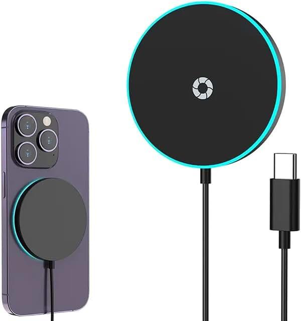 For MagSafe Wireless Magnetic Chargering 15W Fast Charging Pad for iPhone 16/15/14/13/12 Series &amp; AirPods Pro, Slim Portable Qi Charger with USB-C/USB-A Dual Ports, LED Light, Black