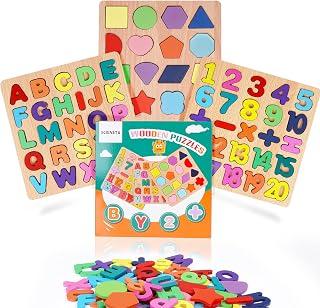 Pack of 3 Wooden Puzzles for Toddlers, Wooden Letter Number Shape Puzzle for 3 4 5 Year Old Children, Montessori Toy, Alphabet Puzzle, ABC Letter & Number Puzzles for Toddlers3 4 5 Years Old