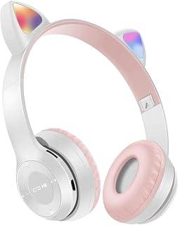 Xspring Cat Ear Kids Headphones, Bluetooth 5.0 Wireless Foldable Headphones, Over-Ear Wireless Headphones with Mic LED Light, Compatible with Smartphone, Pad, Laptop (White)