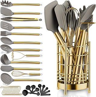 عرض حصري على Gold kitchen utensils set, Berglander 38-piece non-stick silicone cookware set, spoon spatula set with sturdy stainless steel utensil holder, dishwasher safe - عروض أمازون السعودية