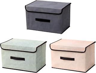 Wadi Misr 3 Pieces Import Export Storage Bins with Lids Cubes 16x25cm Colorful Fabric Foldable Decorative Storage Organizer for Home Bedroom Closet Office, Beige+Green+Grey