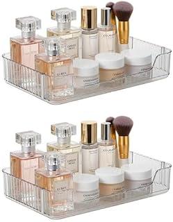 Two-piece stackable clear acrylic organizer set for space saving; multi-purpose for organizing makeup, perfumes, skincare and personal care products; bathroom sink organizer