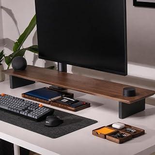 عرض حصري على Wooden Computer Long Monitor Stand, Monitor Riser Desk Shelf Desktop Legs Stand TV Laptop Riser with Keyboard Storage Desk (Walnut Finish/Black Legs) (100cm) - عروض أمازون مصر