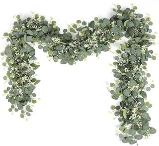 X spring Eucalyptus Garland, 2 Packs 180cm Silver Dollar Eucalyptus with White Flowers and Gypsophila, Artificial Greenery Vine for Wedding Arch Decor, Party Mantle, Table Runner, Home Wall Decoration