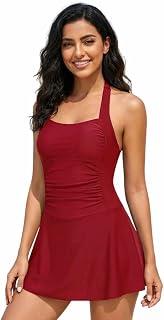 Women's Swimsuit Dress with Shorts, Dark Red, Halter Neck, Casual Beach Swimwear