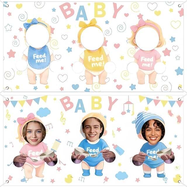 Exclusive Deal on Feed The Baby Shower Game Backdrop, Funny Juegos Para Blindfolded Feeding Me Games Banner for Gender Reveal Wedding Party Activities for Guests Party Photo Booth Props (2 Pcs) - Amazon KSA Deals