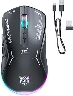 ماوس ألعاب لاسلكي، وضع مزدوج 2.4G/USB-C، 6 أزرار قابلة للبرمجة، حتى 4800 نقطة لكل بوصة، خفيف الوزن 120 جرام، إضاءة ار جي بي 7 ألوان، عمر بطارية طويل، تصميم مريح للكمبيوتر وماك واللابتوب (لون أسود)