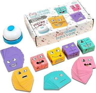 Wooden Cube Puzzle Faces Game, 3D Face-Changing Magic Cube with Bell and 72 Cards Wooden Toy Interactive Faces Dice Game for Children from 3 Years, Family Game and Puzzle Game