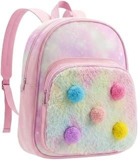 Girls Backpack with Colorful Fur Design and Poms Lightweight Casual School Bag Perfect for Kindergarten and Daily Use, Practical Storage Space.