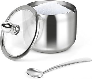 holoith Stainless Steel Sugar Bowl with Glass Lid and Spoon, 290 ml, for Bar, Coffee Stations, Kitchen Accessories, for Salt, Candy, Coffee Beans (Silver)