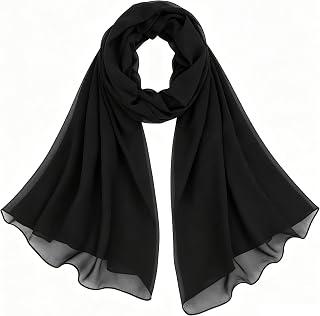 Women Black Rave Chiffon Scarf - Solid Color Soft Lightweight Sheer Fashion Long Scarf Sun-Proof Shawls Wrap
