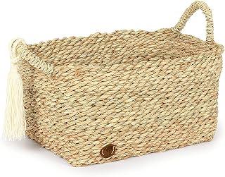 Handwoven Seagrass Storage Basket with Handles, Natural, Bohemian Style, Tassel Detail, Multi-Use Home Decor