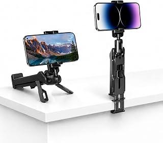Adjustable Foldable Phone Stand with Clamp, 360° Rotating Desk Holder for Video Recording, Travel & Office Use, Compatible with iPhone & Android (Black)