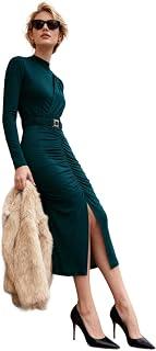 Trendyol Women Emerald Green Fitted/Slippery High Neck Belted Knitted Dress TWOAW22EL0434 Dress