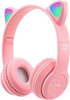 Wireless Bluetooth Headset Stereo RGB LED Light Cat Music Headset with Memory Card Support Built-in Mic for Laptop Phone PC p47m (Pink)