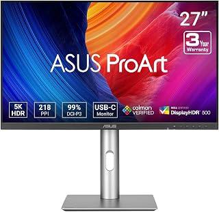 اسس شاشة برو ارت 27 انش 5K HDR احترافية (PA27JCV) - 5K (5120 × 2880)، IPS، 99% DCI-P3، 100% sRGB، 2، USB-C PD 96 واط، معتمدة من كالمان، دقة الالوان، KVM، لوكس بيكسل، 3 سنوات