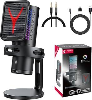 ميكروفون USB للالعاب بمكثف قلبي الشكل مع حامل لسطح المكتب واضاءة LED ملونة وصوت قابل للتعديل لالعاب الكمبيوتر، اسود